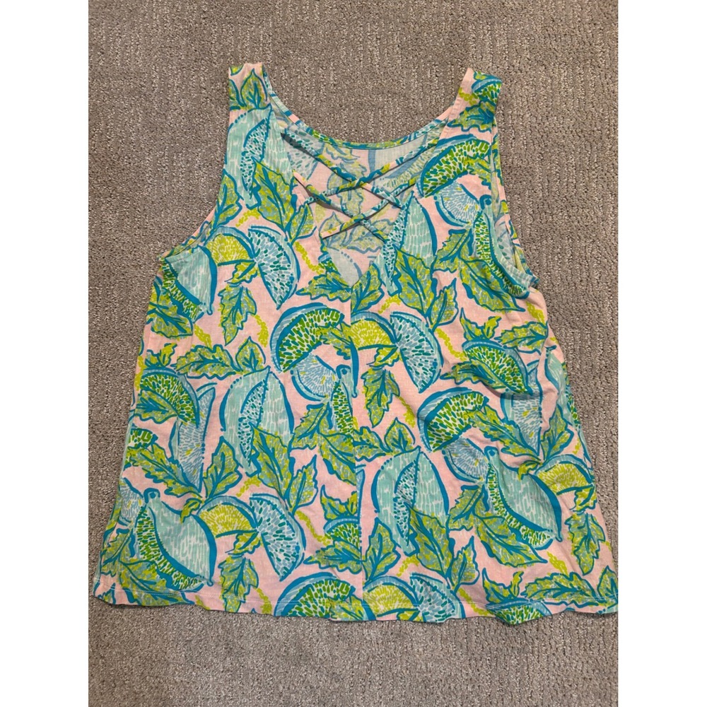 Lilly Pulitzer Pink Green Citrus Print Lattice Back Tank Top Large Pima Cotton - Picture 5 of 6